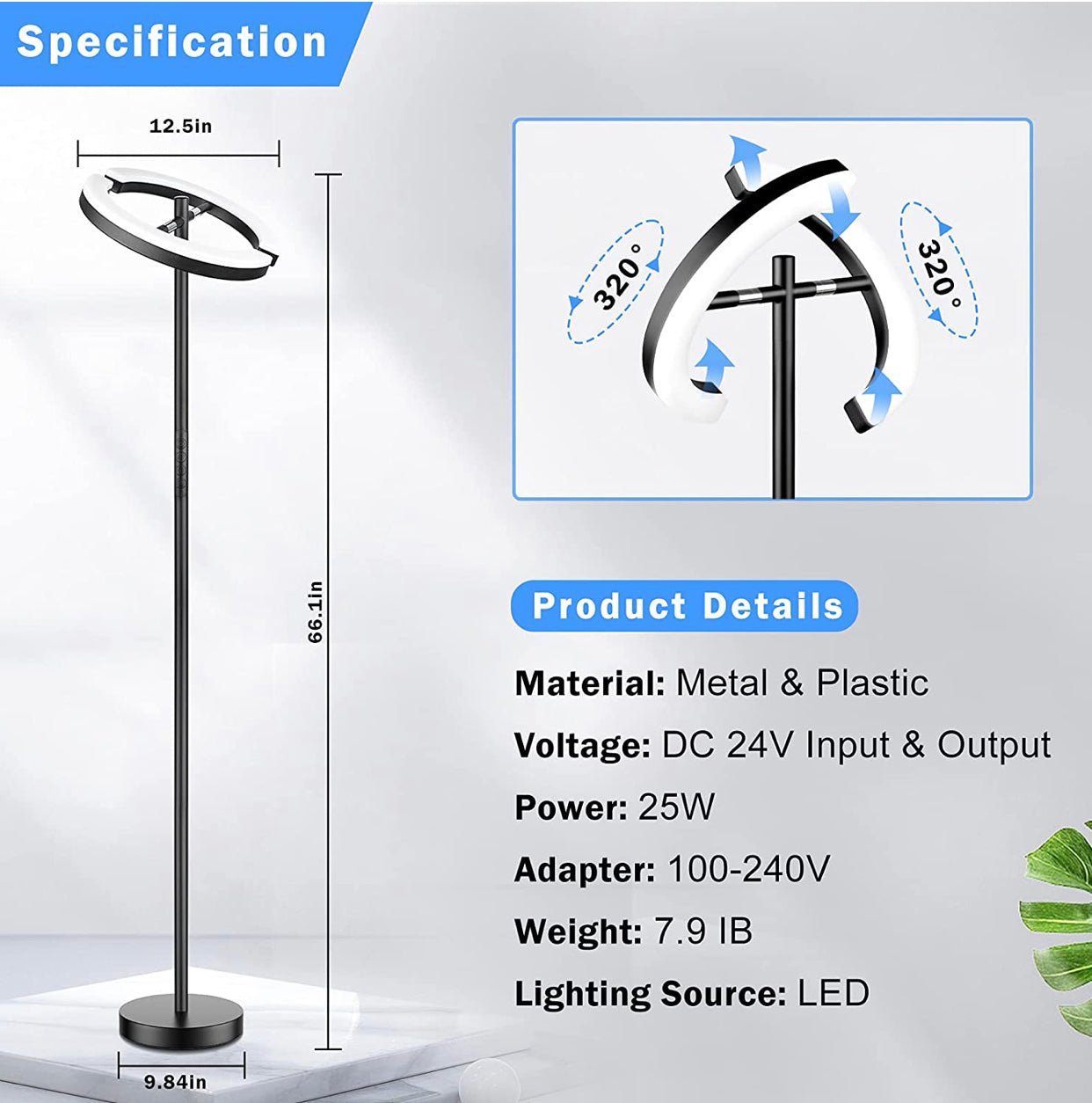Click Split - Modern LED Torchiere Floor Lamp, Dimmable Uplight for Reading in Your Bedroom or Living Room - Outdoor Solar Outlet