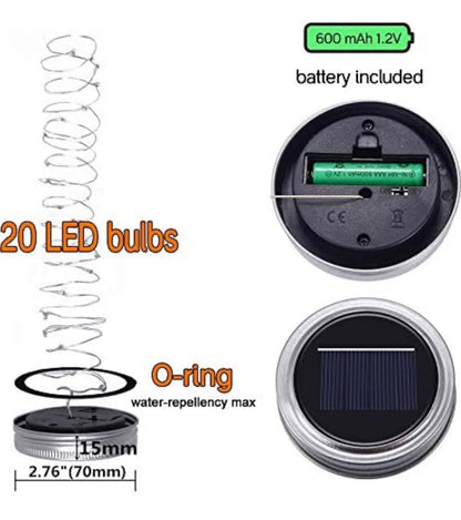 Davinci Solar Mason Jar Lights, 8 Pack 20 LED Fairy Jar Lids String Lights with Hangers - Outdoor Solar Outlet