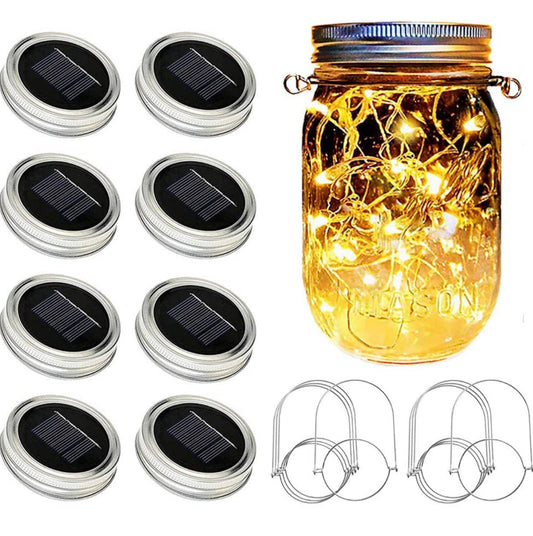 Davinci Solar Mason Jar Lights, 8 Pack 20 LED Fairy Jar Lids String Lights with Hangers - Outdoor Solar Outlet