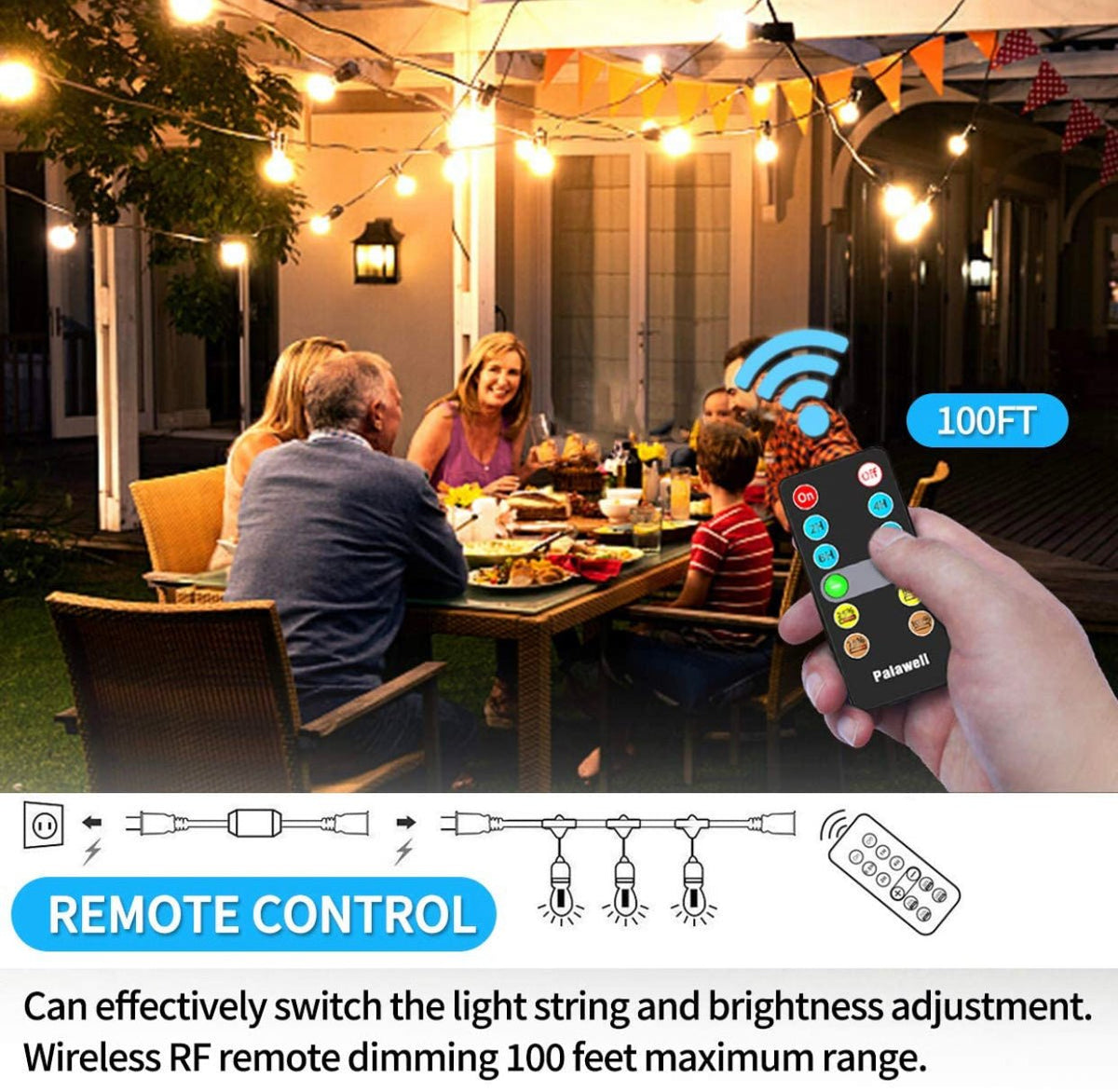 Dimmer with Remote for Our Ambience Pro LED String Lights - Commercial Grade Dimmer Rated at 150 Watts - Outdoor Solar Outlet