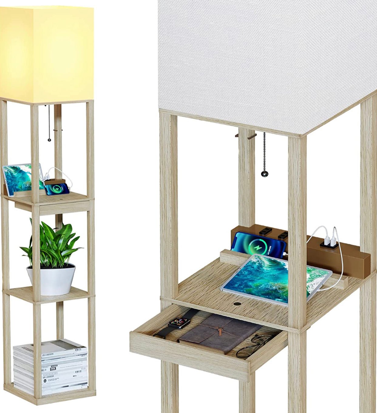 Floor Lamp Charger - Shelf Floor Lamp with USB Charging Ports and Electric Outlet - Outdoor Solar Outlet