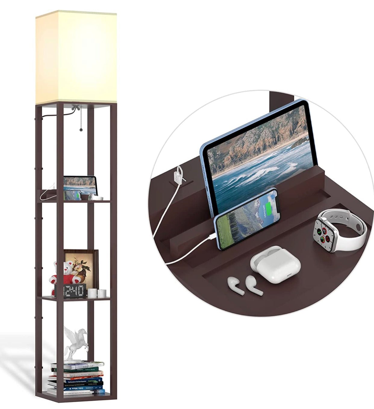 Floor Lamp Charger - Shelf Floor Lamp with USB Charging Ports and Electric Outlet - Outdoor Solar Outlet