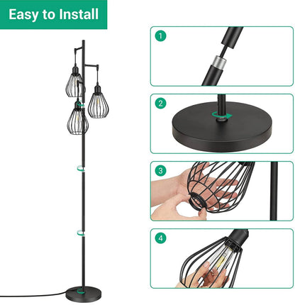Floor Lamp Matches Industrial, Farmhouse & Rustic Living Rooms – Standing Tree Lamp with 3 Elegant Cage Heads & Edison LED Bulbs - Outdoor Solar Outlet