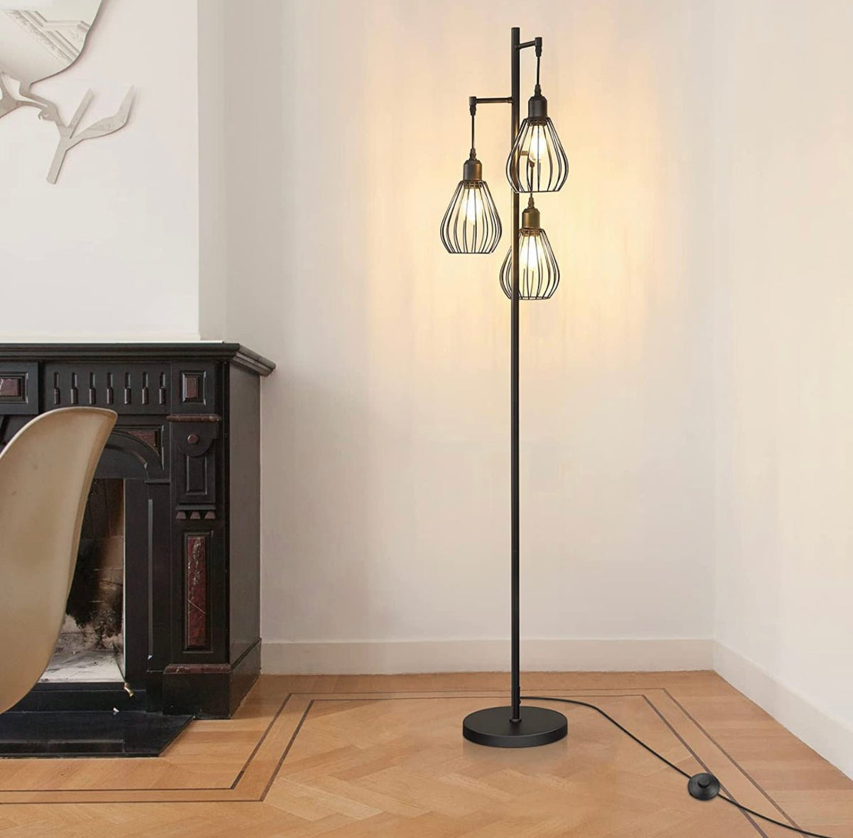 Floor Lamp Matches Industrial, Farmhouse & Rustic Living Rooms – Standing Tree Lamp with 3 Elegant Cage Heads & Edison LED Bulbs - Outdoor Solar Outlet