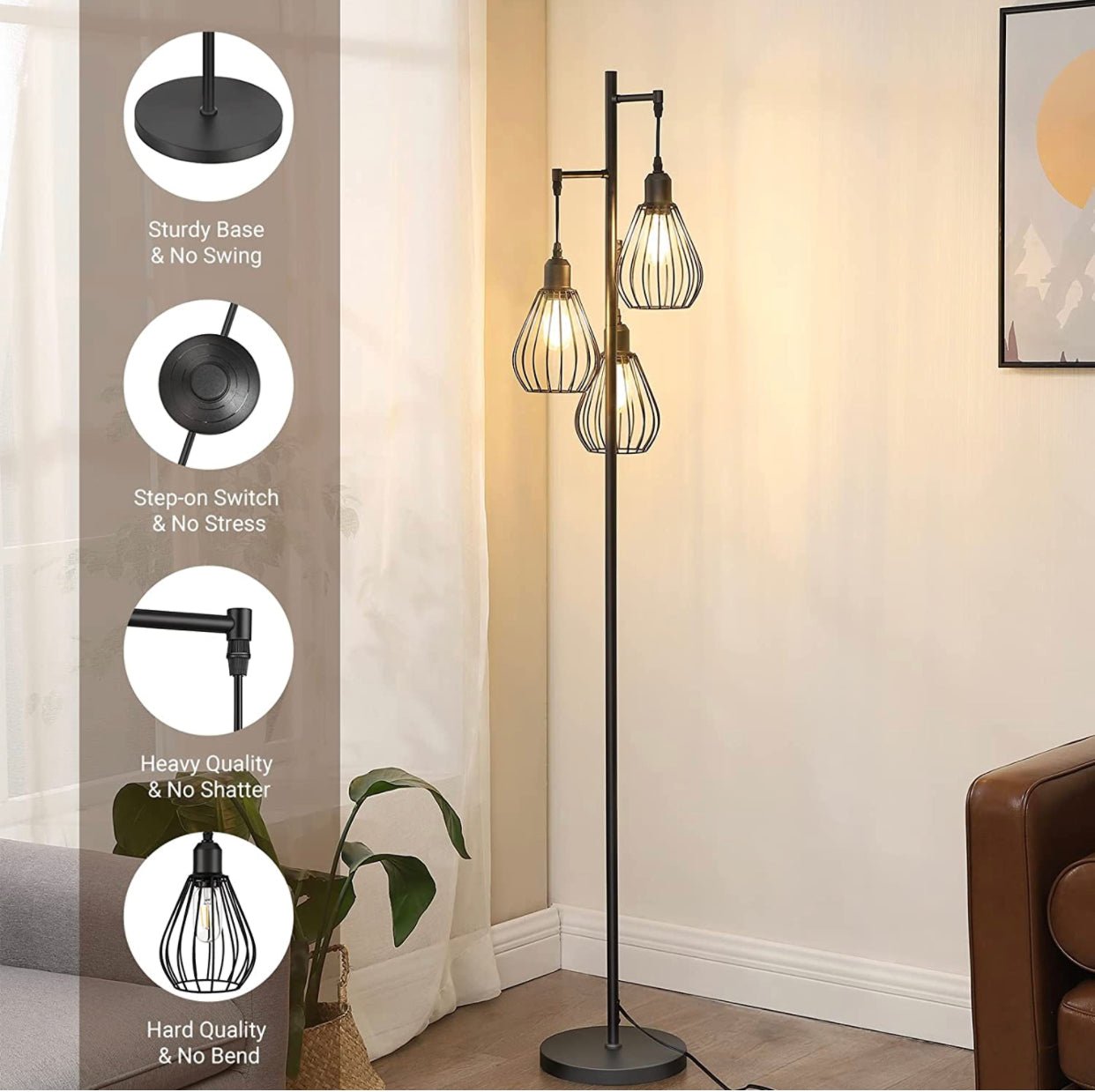 Floor Lamp Matches Industrial, Farmhouse & Rustic Living Rooms – Standing Tree Lamp with 3 Elegant Cage Heads & Edison LED Bulbs - Outdoor Solar Outlet