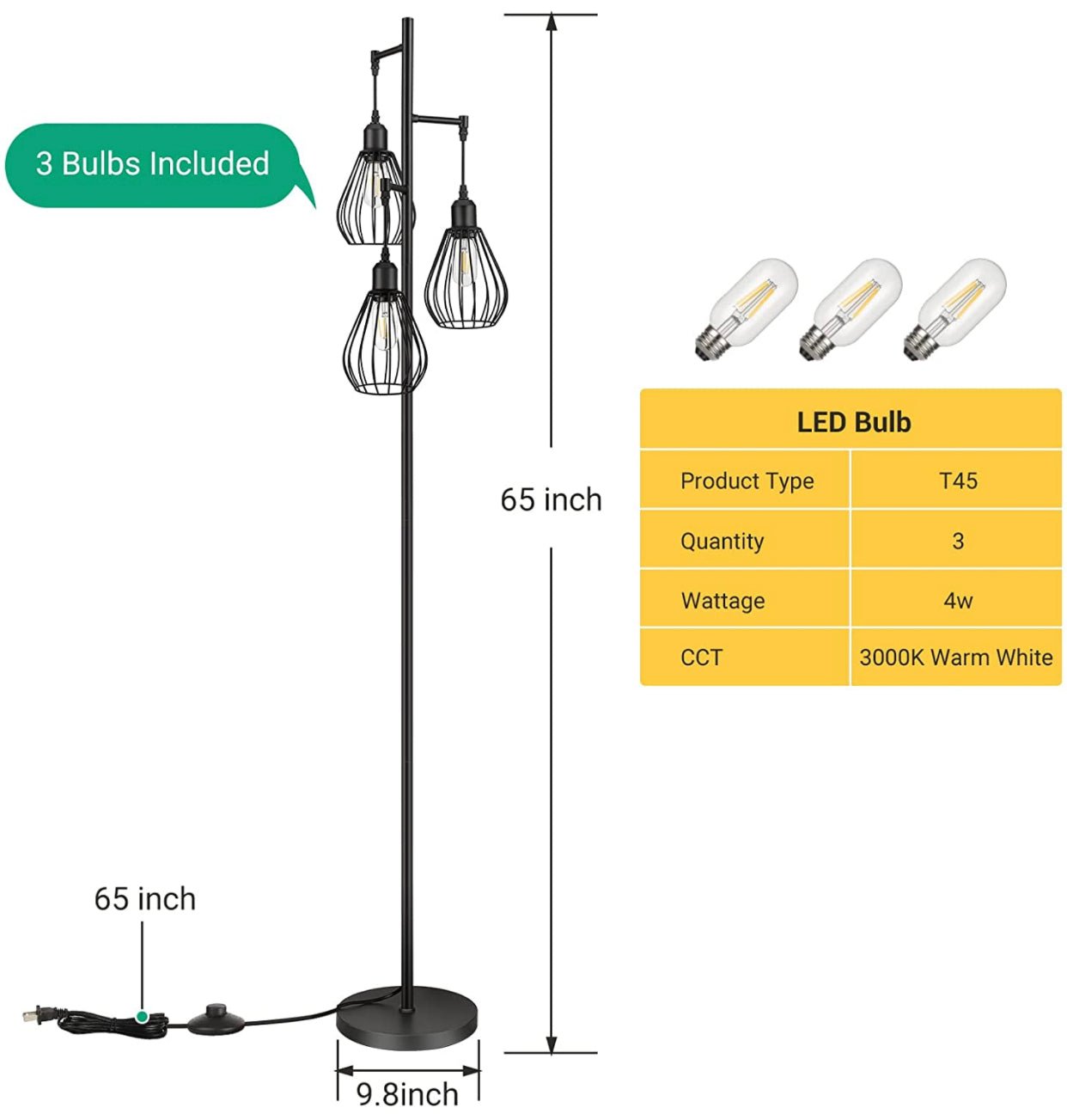 Floor Lamp Matches Industrial, Farmhouse & Rustic Living Rooms – Standing Tree Lamp with 3 Elegant Cage Heads & Edison LED Bulbs - Outdoor Solar Outlet