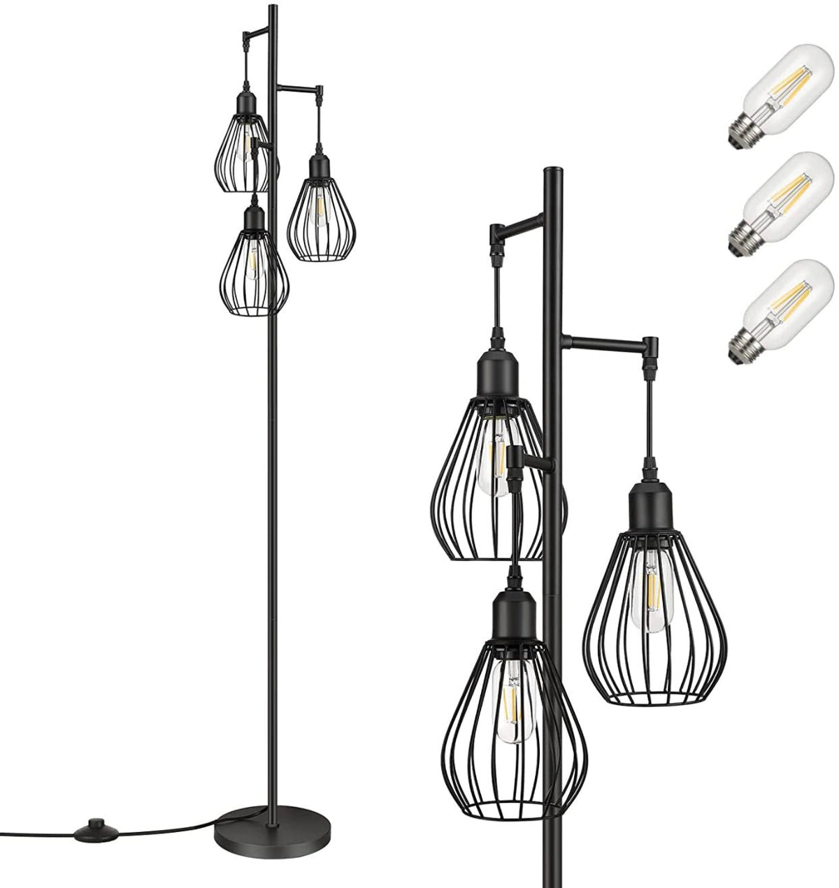 Floor Lamp Matches Industrial, Farmhouse & Rustic Living Rooms – Standing Tree Lamp with 3 Elegant Cage Heads & Edison LED Bulbs - Outdoor Solar Outlet
