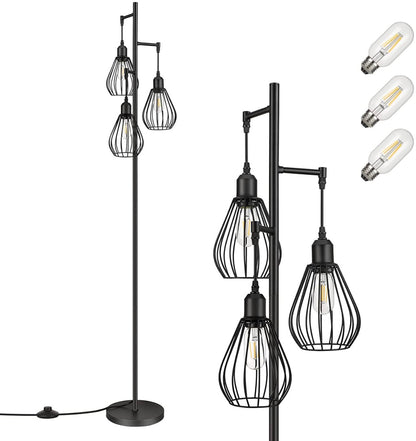 Floor Lamp Matches Industrial, Farmhouse & Rustic Living Rooms – Standing Tree Lamp with 3 Elegant Cage Heads & Edison LED Bulbs - Outdoor Solar Outlet