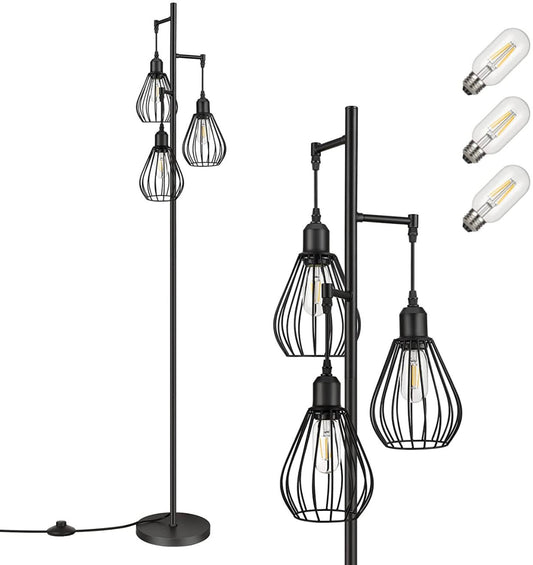 Floor Lamp Matches Industrial, Farmhouse & Rustic Living Rooms – Standing Tree Lamp with 3 Elegant Cage Heads & Edison LED Bulbs - Outdoor Solar Outlet