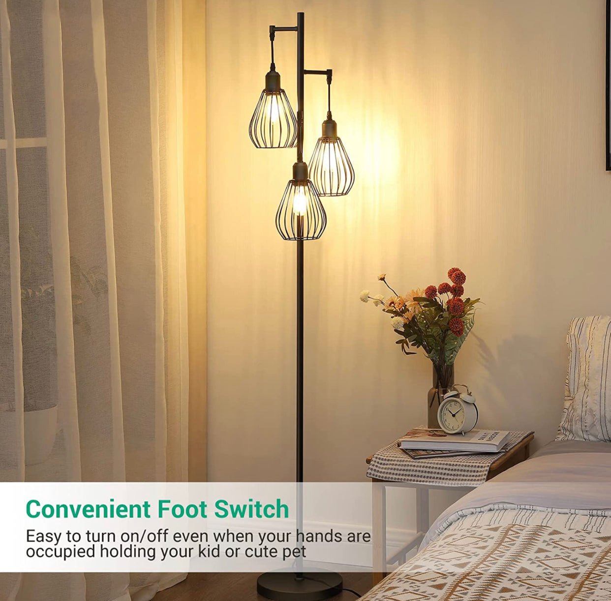 Floor Lamp Matches Industrial, Farmhouse & Rustic Living Rooms – Standing Tree Lamp with 3 Elegant Cage Heads & Edison LED Bulbs - Outdoor Solar Outlet