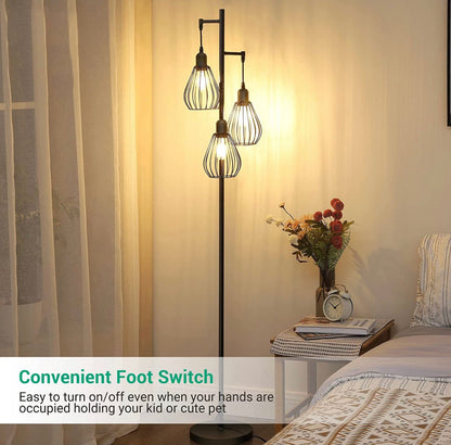 Floor Lamp Matches Industrial, Farmhouse & Rustic Living Rooms – Standing Tree Lamp with 3 Elegant Cage Heads & Edison LED Bulbs - Outdoor Solar Outlet