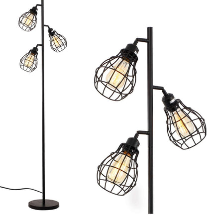 Floor Lamp Matches Industrial, Farmhouse & Rustic Living Rooms – Standing Tree Lamp with 3 Elegant Cage Heads & Edison LED Bulbs - Outdoor Solar Outlet
