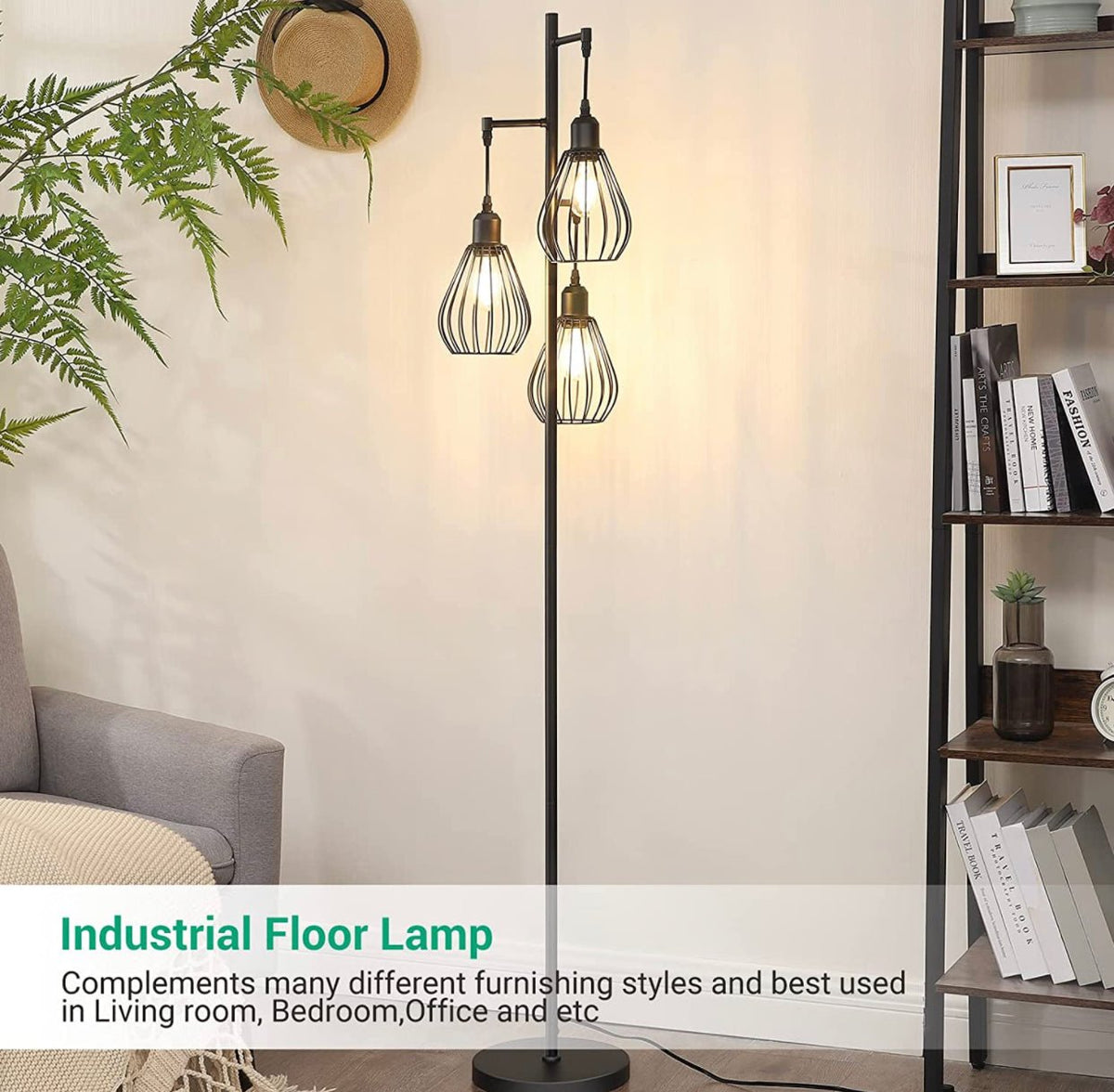 Floor Lamp Matches Industrial, Farmhouse & Rustic Living Rooms – Standing Tree Lamp with 3 Elegant Cage Heads & Edison LED Bulbs - Outdoor Solar Outlet