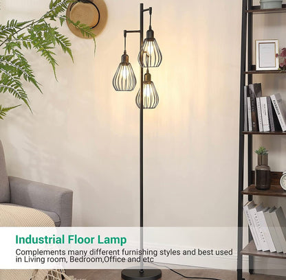 Floor Lamp Matches Industrial, Farmhouse & Rustic Living Rooms – Standing Tree Lamp with 3 Elegant Cage Heads & Edison LED Bulbs - Outdoor Solar Outlet