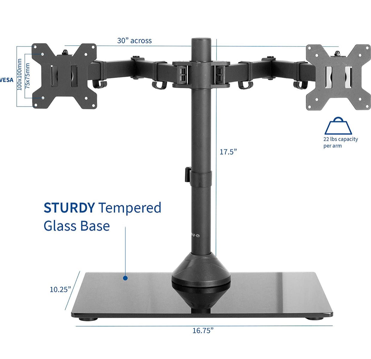Freestanding Dual Monitor Stand with Sleek Glass Base and Adjustable ArmsHeave Duty , Mounts 2 Screens - Outdoor Solar Outlet