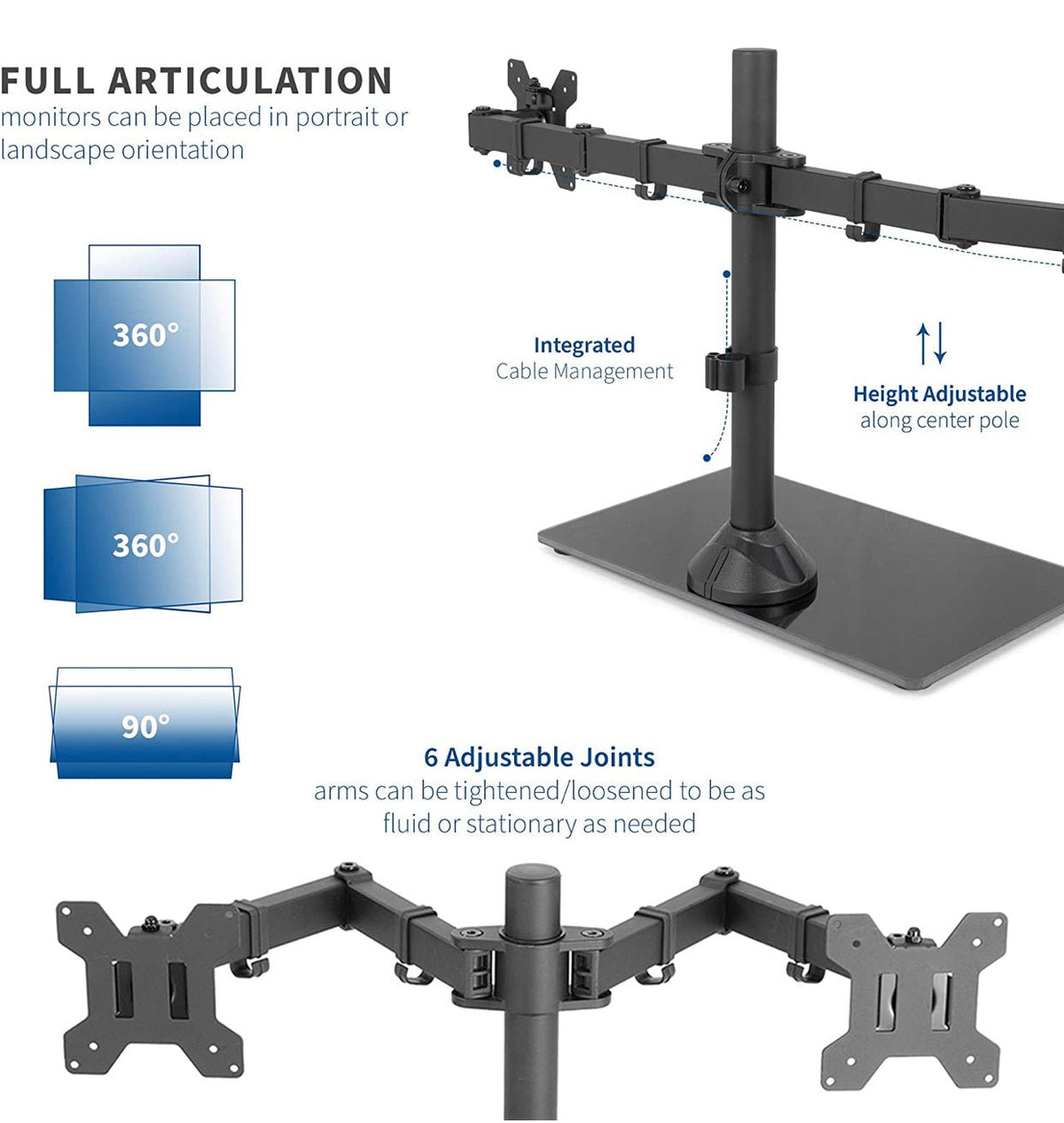 Freestanding Dual Monitor Stand with Sleek Glass Base and Adjustable ArmsHeave Duty , Mounts 2 Screens - Outdoor Solar Outlet