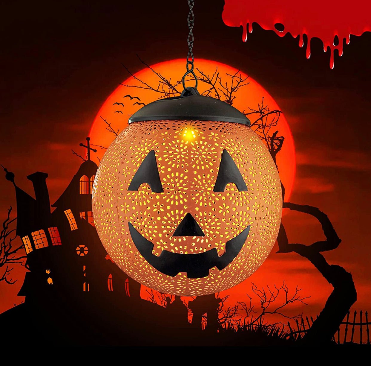 Halloween Solar Hanging Lights Outdoor - Garden Solar Metal Lantern Decor, Solar Powered Led Waterproof Decorative Round - Outdoor Solar Outlet