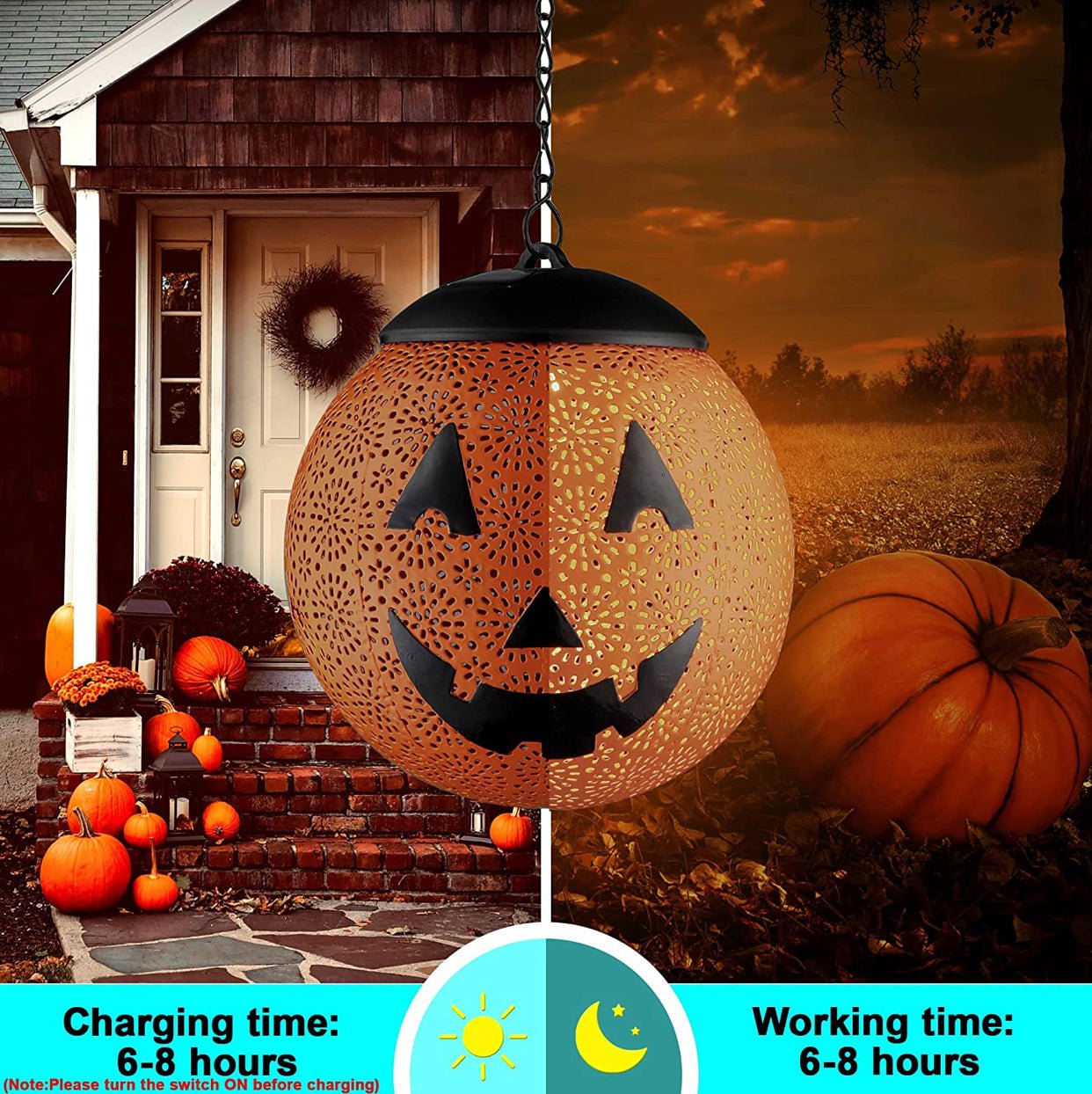 Halloween Solar Hanging Lights Outdoor - Garden Solar Metal Lantern Decor, Solar Powered Led Waterproof Decorative Round - Outdoor Solar Outlet