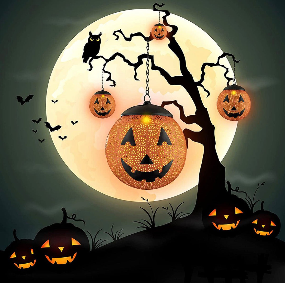 Halloween Solar Hanging Lights Outdoor - Garden Solar Metal Lantern Decor, Solar Powered Led Waterproof Decorative Round - Outdoor Solar Outlet