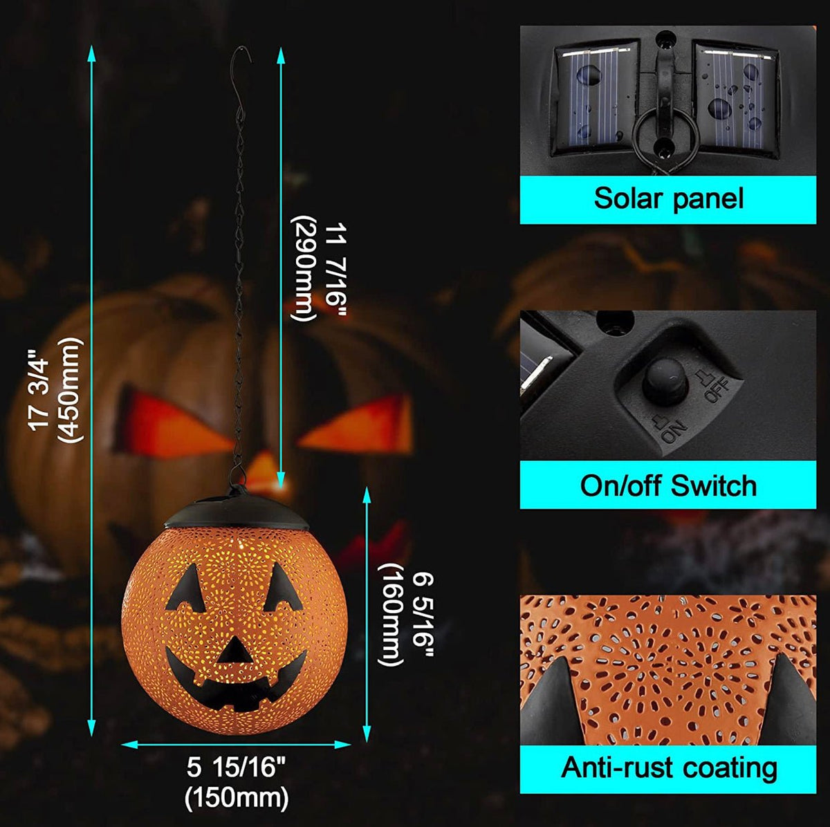 Halloween Solar Hanging Lights Outdoor - Garden Solar Metal Lantern Decor, Solar Powered Led Waterproof Decorative Round - Outdoor Solar Outlet