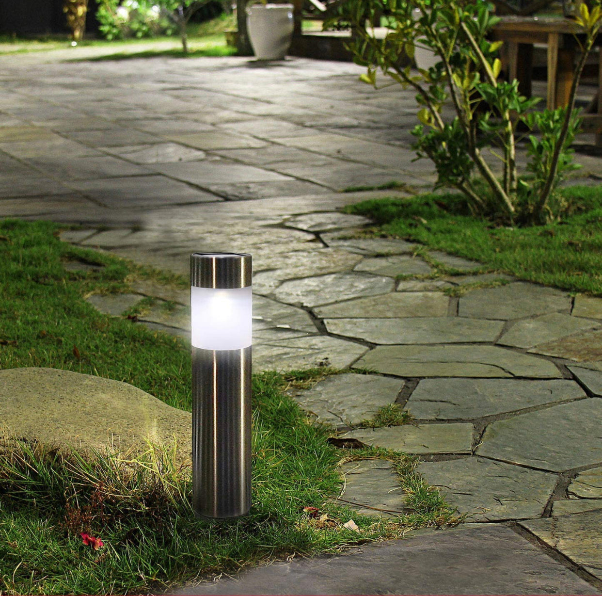 Solar Bollard Lights Outdoor - Stainless Steel Warm White LED 6 Pack