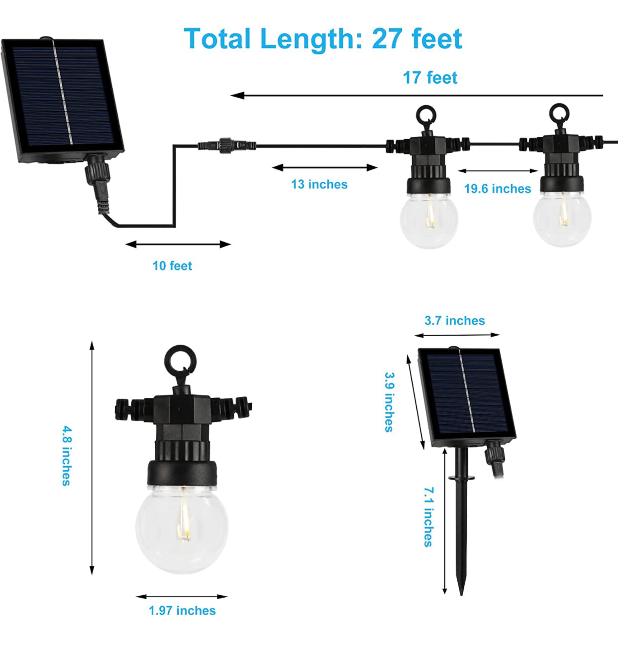 27 Ft Solar LED Outdoor String Lights – 1W Retro Edison Globe Bulbs Waterproof - 27 Ft Bistro Lights