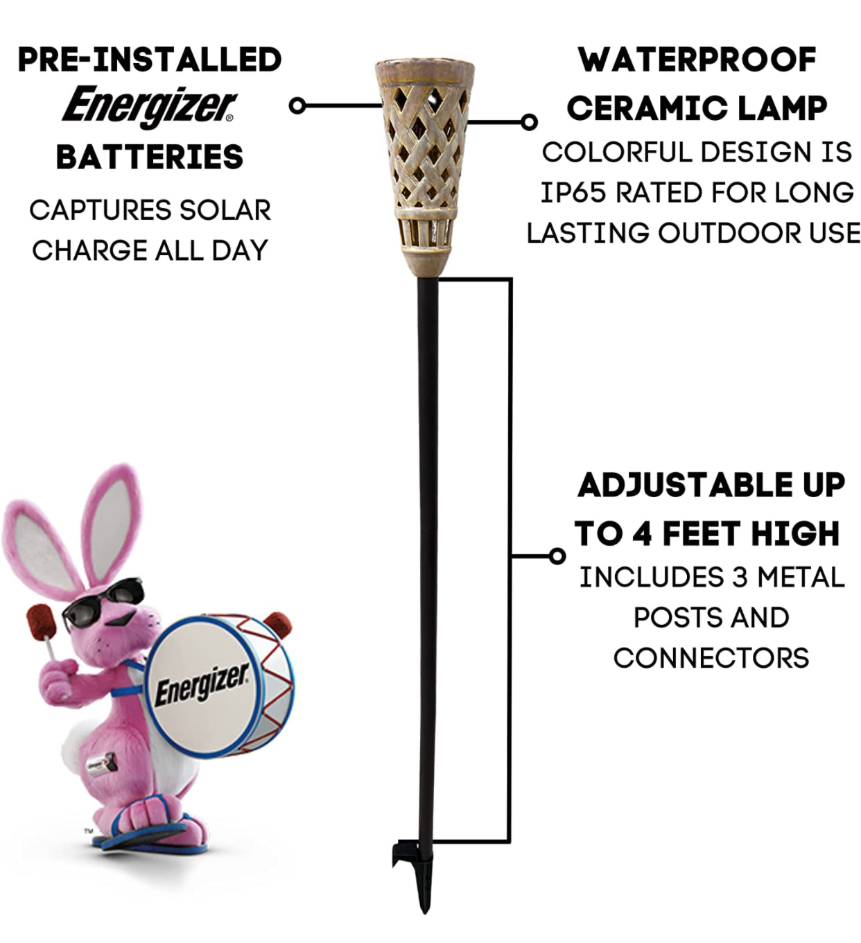 Energizer LED Ceramic Solar Tiki Torch Lights Dancing Lights Outdoor Waterproof 2 Pack