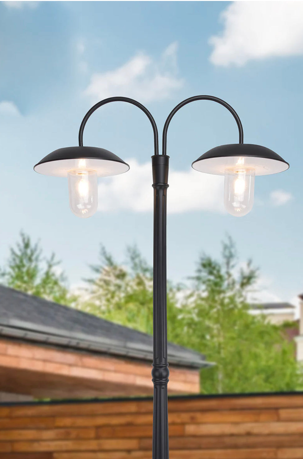 SmartYard Dual Head Solar Outdoor Post Light, Dusk to Dawn, Bulbs Included, Black(Head & Pole)