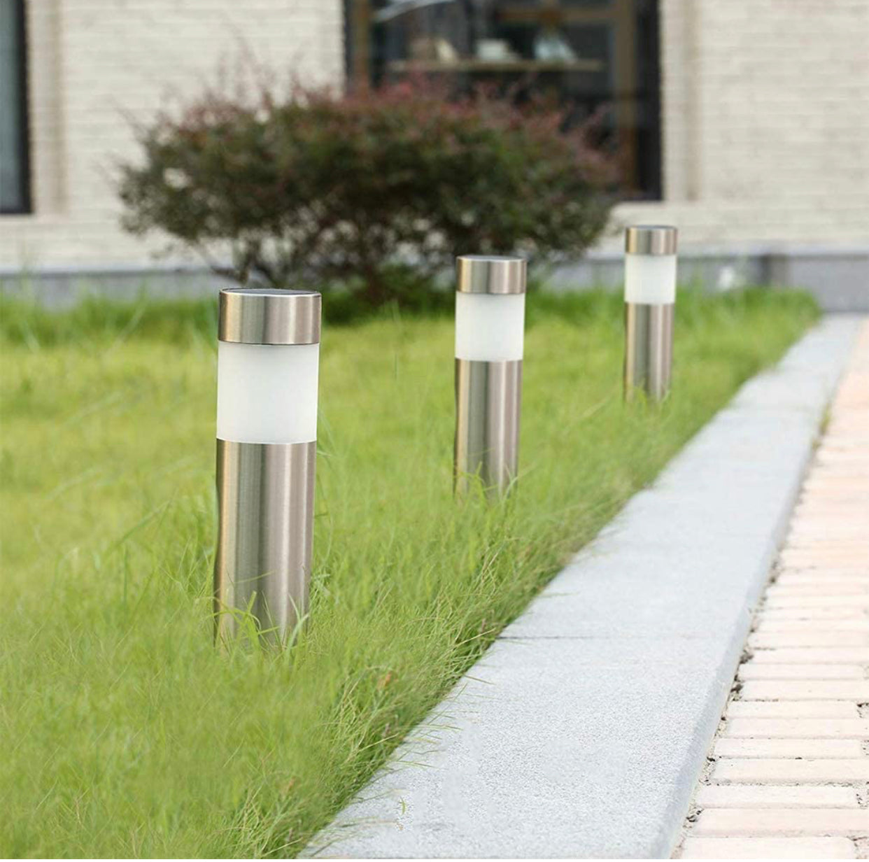 Solar Bollard Lights Outdoor - Stainless Steel Warm White LED 6 Pack