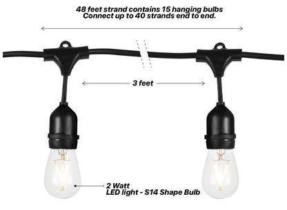 24Ft Plug-In LED Outdoor String Lights Waterproof- Hanging, Dimmable 2W Vintage Edison Bulbs