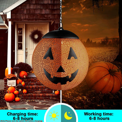 Halloween Solar Hanging Lights Outdoor - Garden Solar Metal Lantern Decor, Solar Powered Led Waterproof Decorative Round