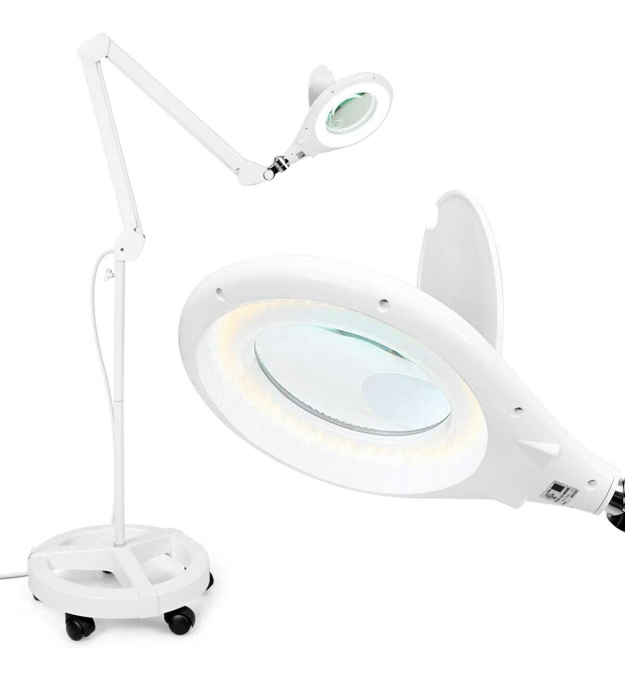 Magnifying Floor Lamp with 5 Wheels Rolling Base, 2.25X Magnifier with LED Light, 2-in-1