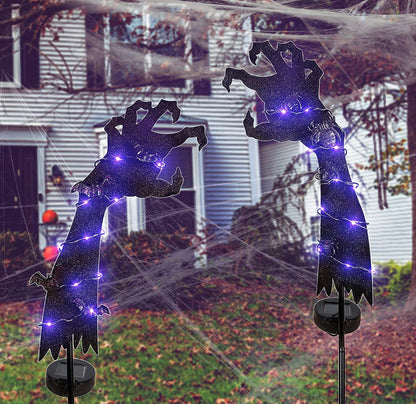 Solar Halloween Yard Decorations, Outdoor LED Solar Powered Ghost Hand Halloween Pathway Lights, Metal Garden Stakes Lawn Yard Ornament, Set of 2