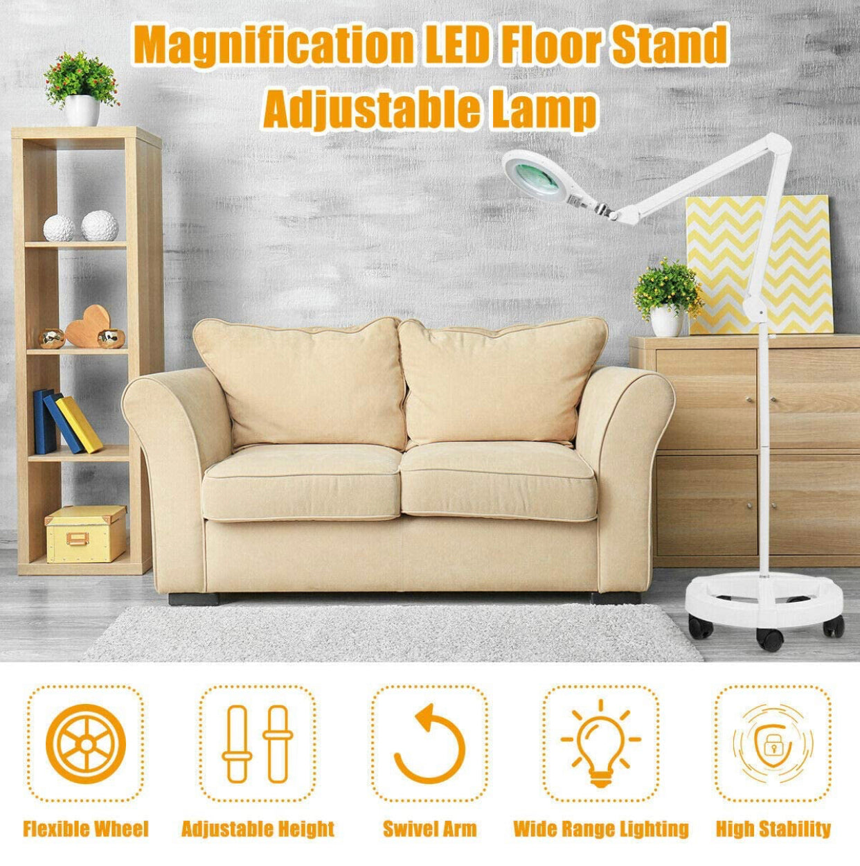 Magnifying Floor Lamp with 5 Wheels Rolling Base, 2.25X Magnifier with LED Light, 2-in-1