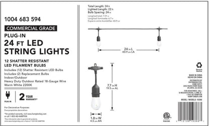 SmartYard 24 Ft. Waterproof LED String Light, 12 bulbs Plug-In