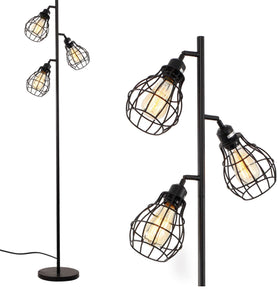 Floor Lamp Matches Industrial, Farmhouse & Rustic Living Rooms – Standing Tree Lamp with 3 Elegant Cage Heads & Edison LED Bulbs