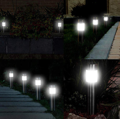 Solar Bollard Lights Outdoor - Stainless Steel Warm White LED 6 Pack