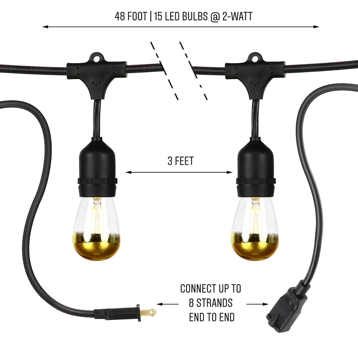 48Ft Plug-In Ambience Pro - Anti Glare, Beautiful Gold Tip Outdoor String Lights Dimmable LED Bulbs - 48 Ft