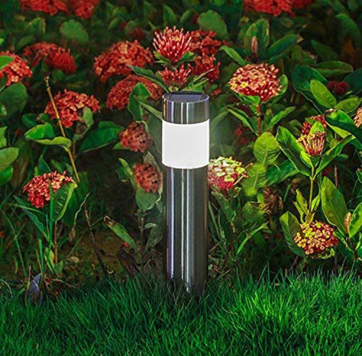 Solar Bollard Lights Outdoor - Stainless Steel Warm White LED 6 Pack