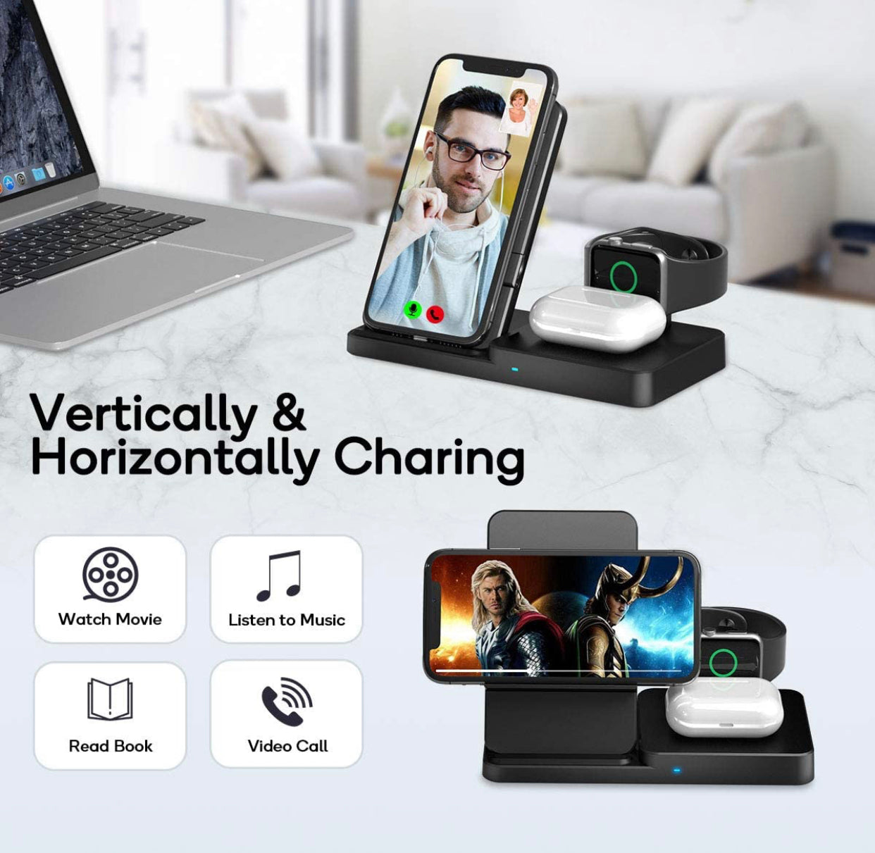 Wireless Charger, Qi-Certified Fast Wireless Charging Station for AirPods/Apple Watch Series/iPhone