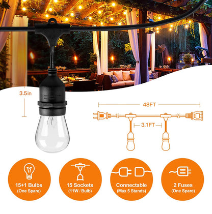 24Ft Plug-In LED Outdoor String Lights Waterproof- Hanging, Dimmable 2W Vintage Edison Bulbs