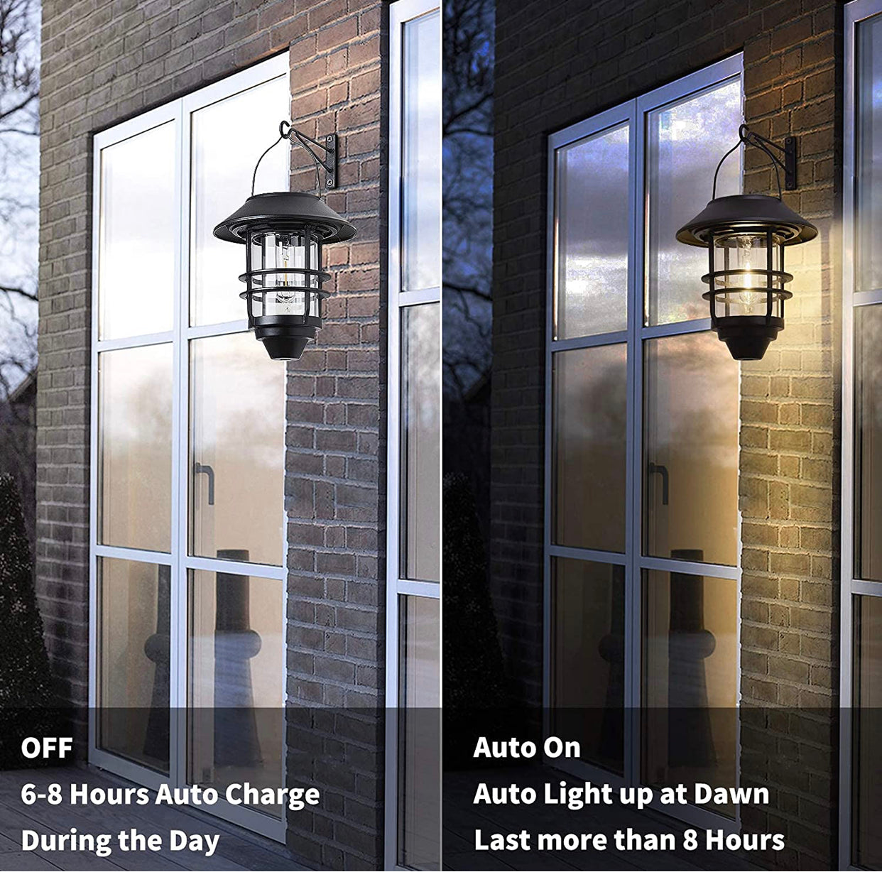 2 Pack Security Solar Hanging Lanterns , Wall/Porch Lights 15 Lumen Heavy Glass & Stainless