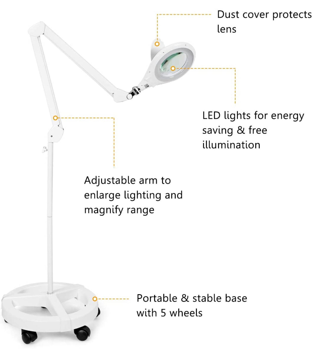 Magnifying Floor Lamp with 5 Wheels Rolling Base, 2.25X Magnifier with LED Light, 2-in-1