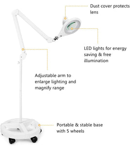 Magnifying Floor Lamp with 5 Wheels Rolling Base, 2.25X Magnifier with LED Light, 2-in-1 Magnifier Lamp