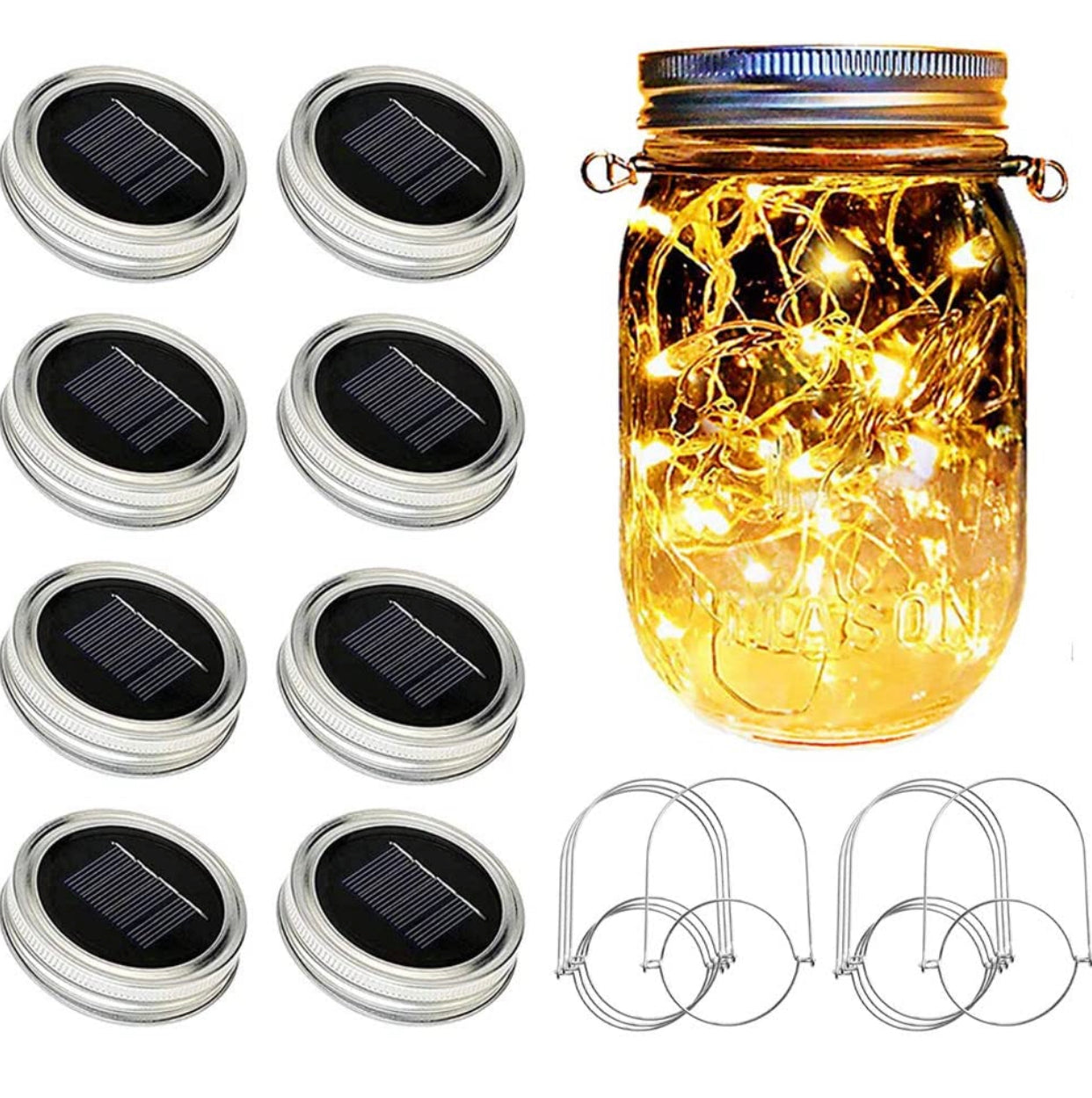 Davinci Solar Mason Jar Lights, 8 Pack 20 LED Fairy Jar Lids String Lights with Hangers