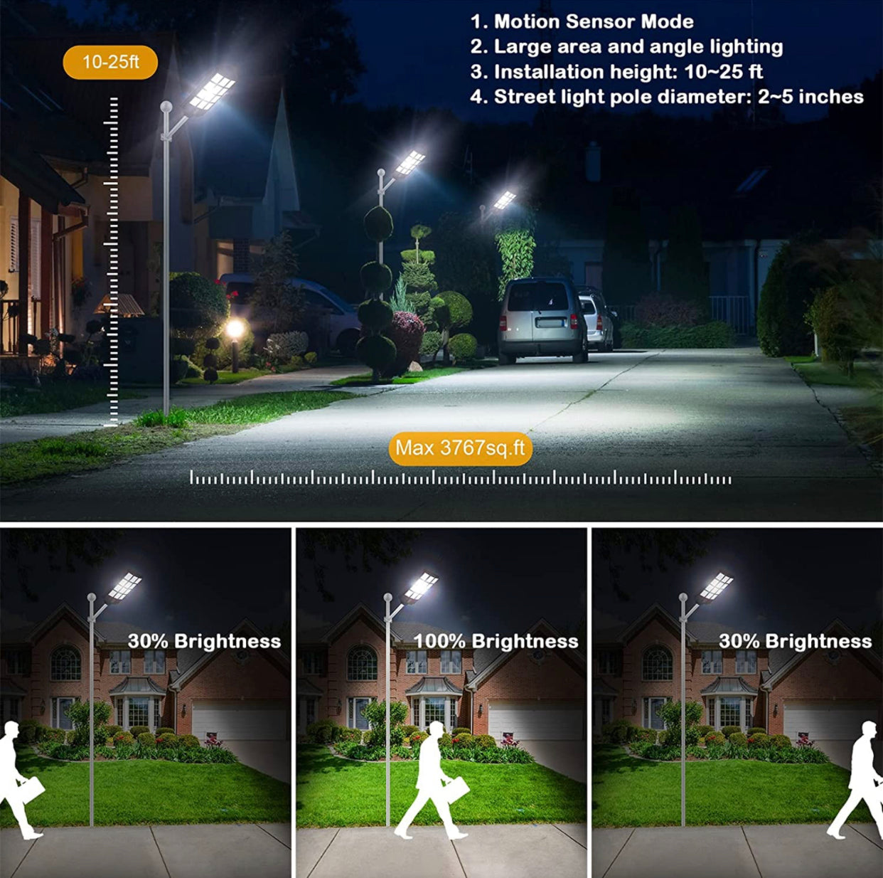 1200W Commercial Solar Street Light , 100000LM Parking Lot Light Commercial Dusk to Dawn With Remote