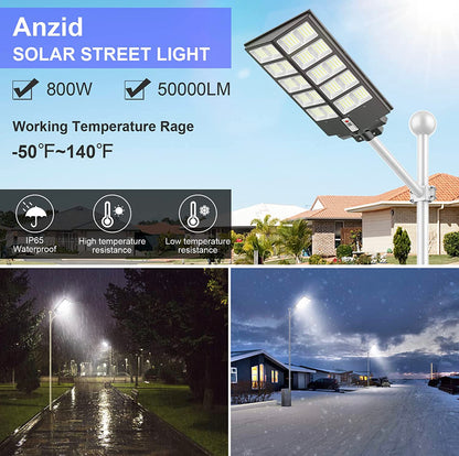 800W Commercial Solar Street Lights Dusk to Dawn , Motion Sensor, 75000LM for Street with Remote Control