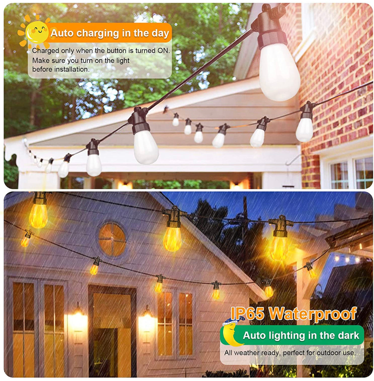 27Ft Solar Flickering LED Bulbs - Solar Panel Powered Hanging String Lights -12 Bulbs