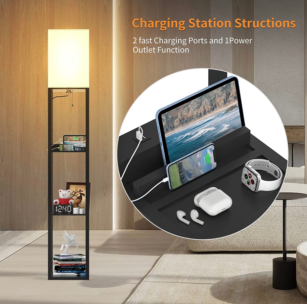 Floor Lamp Charger - Shelf Floor Lamp with USB Charging Ports and Electric Outlet