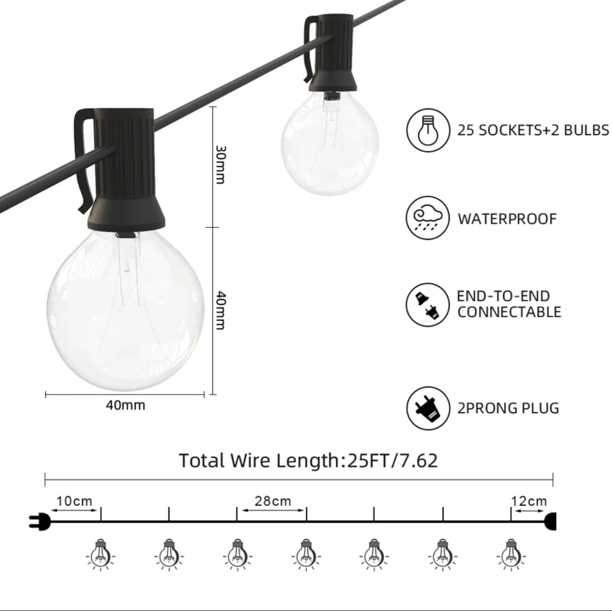 25 Ft Plug-In Outdoor String Light G40 Globe Patio Lights with 26 Edison Glass Bulbs Hanging Light